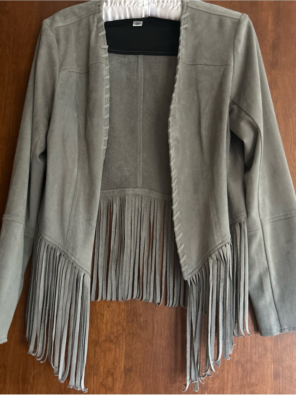 Bob Mackie Wearable Art Gray Suede Fringe Open-Front Jacket